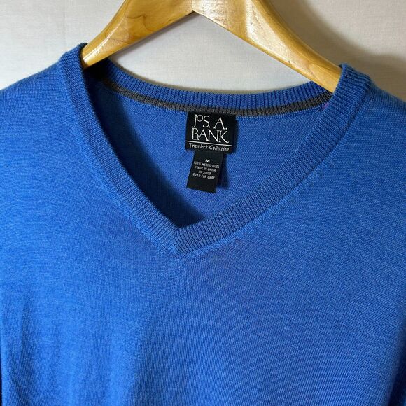 Jos. A. Bank Traveler's Collection Medium Blue Merino Wool V-Neck Sweater Size M - Picture 3 of 8